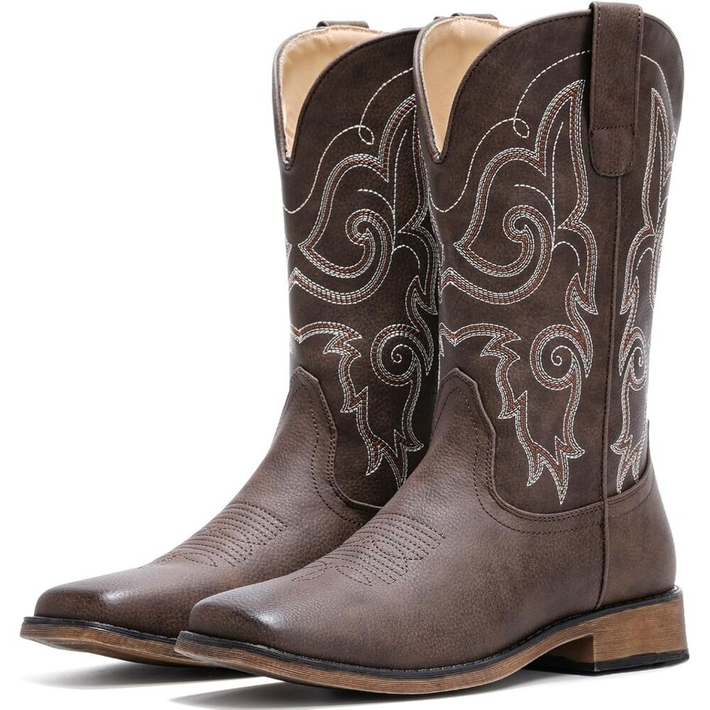 Women Brown Square Toe Western Mid Calf Embroidered Cowgirl Pull On Boots - Picture 8 of 9